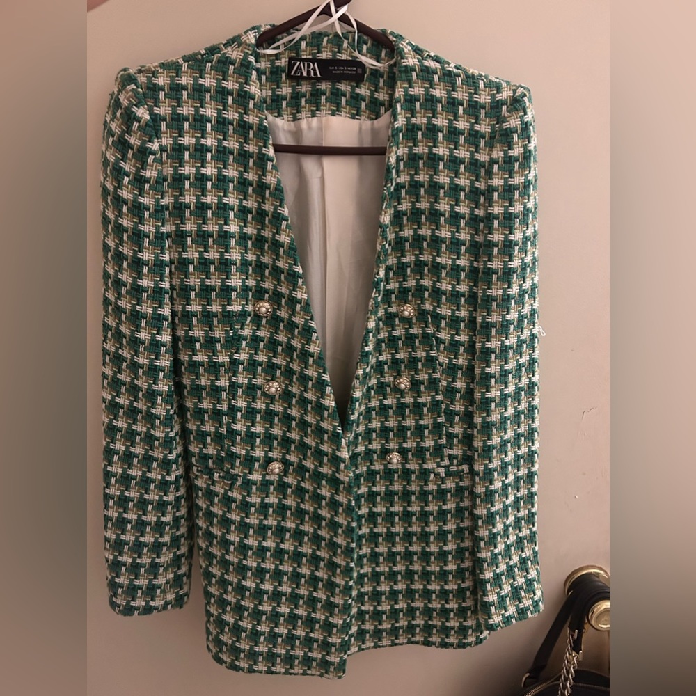 Zara Blazer - Green and White Gingham with Gold and Pearl Buttons